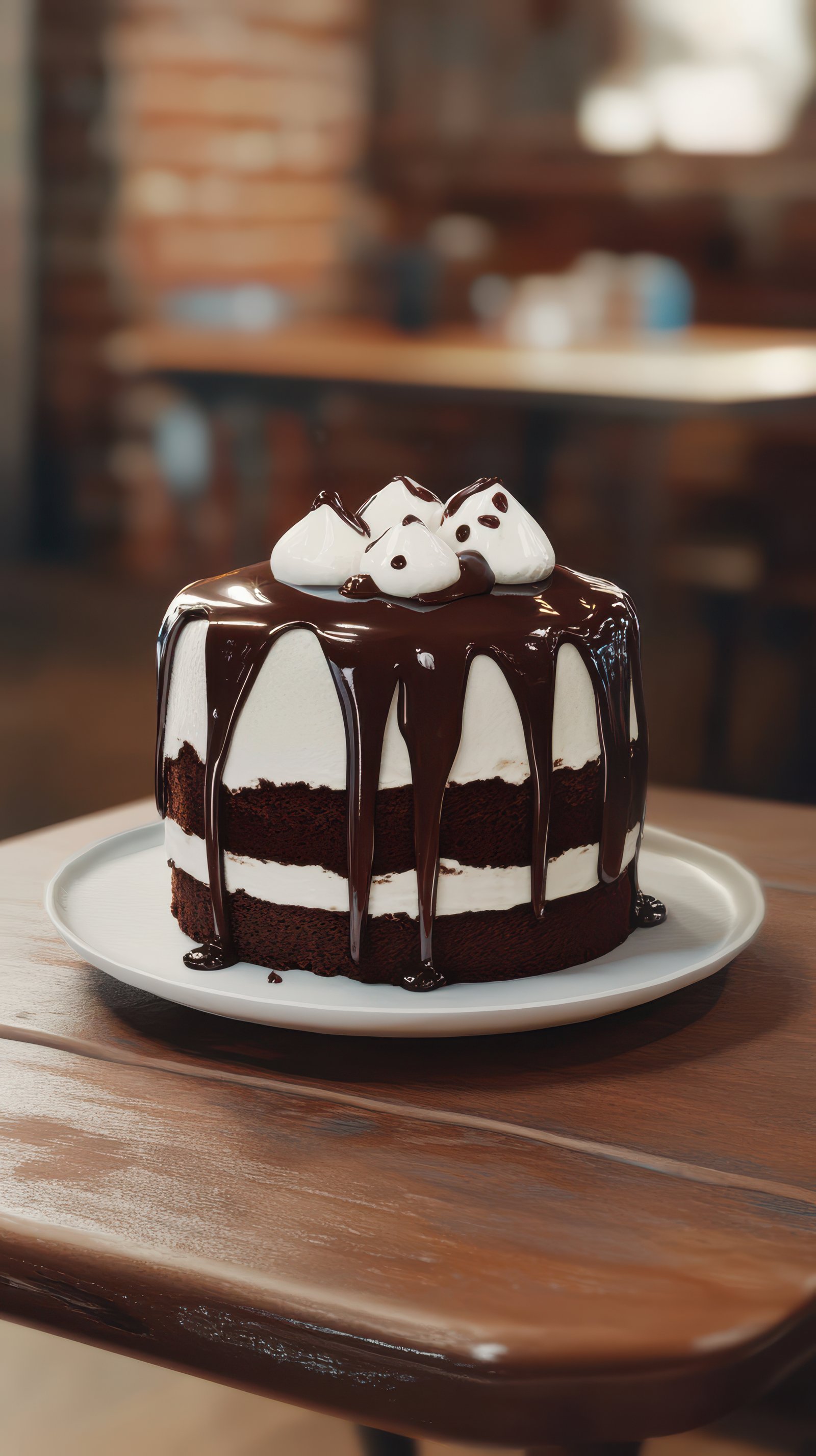 A delicious chocolate cake with white frosting and chocolate drizzle, topped with meringue, sits on a wooden table in a cafe